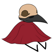 The creature Crowskull. It has a crow skull for a head, wears a red poncho, and has stubby black legs.